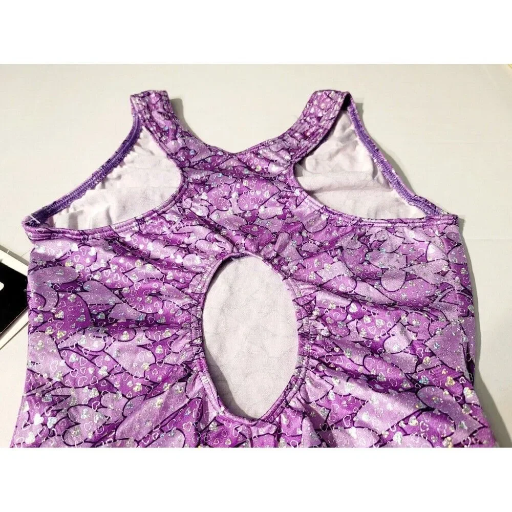 GK Elite Gymnastics Dance Racerback Keyhole Leotard Foil Hearts Purple Adult L
